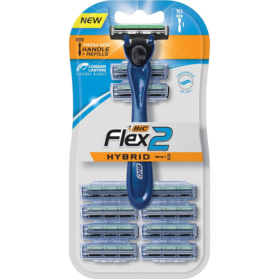 BIC Flex 2 Hybrid Men's 2-Blade Disposable Razor Shaving Kit (1 Handle and 10 Cartridges)