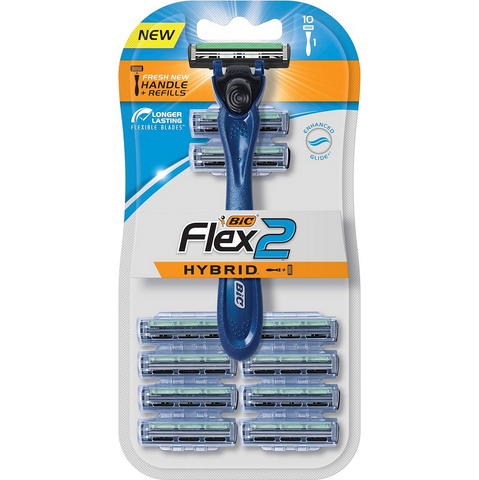 BIC Flex 2 Hybrid Men's 2-Blade Disposable Razor Shaving Kit (1 Handle and 10 Cartridges)