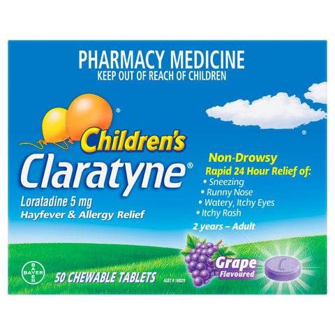 Claratyne Children's Hayfever & Allergy Relief Antihistamine Grape Flavoured 50 Chewable Tablets (Limit ONE per Order)