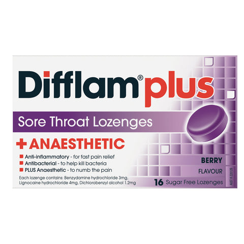 Difflam Plus Anaesthetic Sore Throat Lozenges Berry Flavour 16