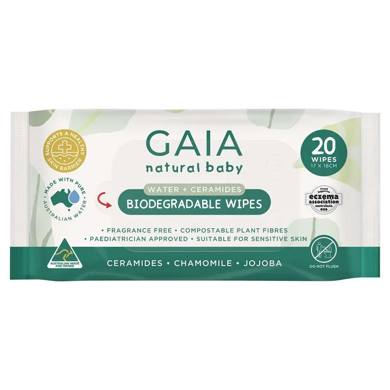 Gaia Natural Baby Water + Ceramides Biodegradable Wipes 20 Pack