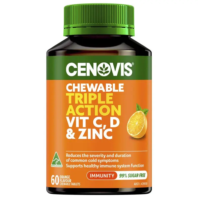 Cenovis Chewable Triple Action Vit C, D & Zinc Orange Flavour 60 Chewable Tablets