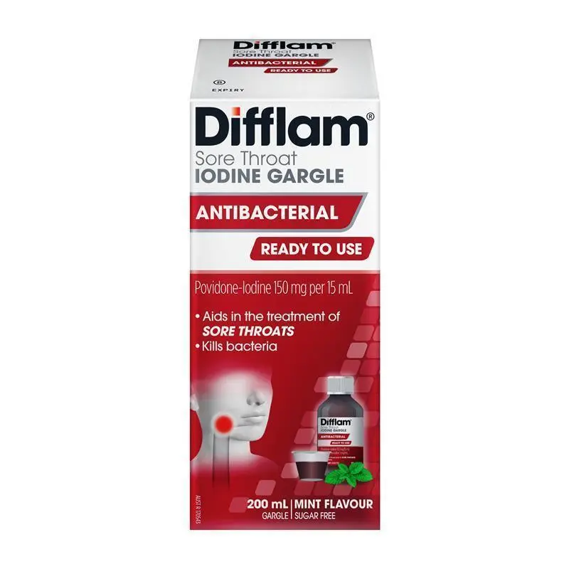 Difflam Ready to Use Sore Throat Gargle with Iodine Mint Flavour 200mL