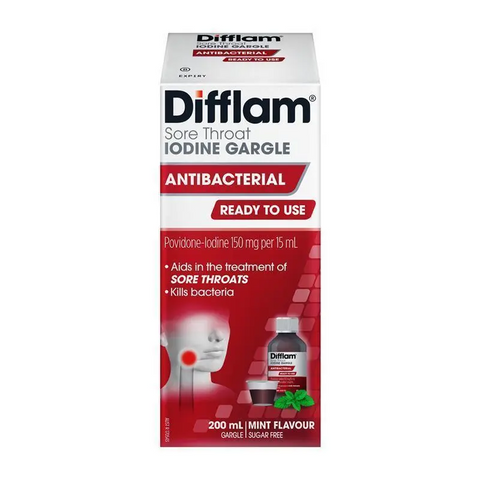 Difflam Ready to Use Sore Throat Gargle with Iodine Mint Flavour 200mL