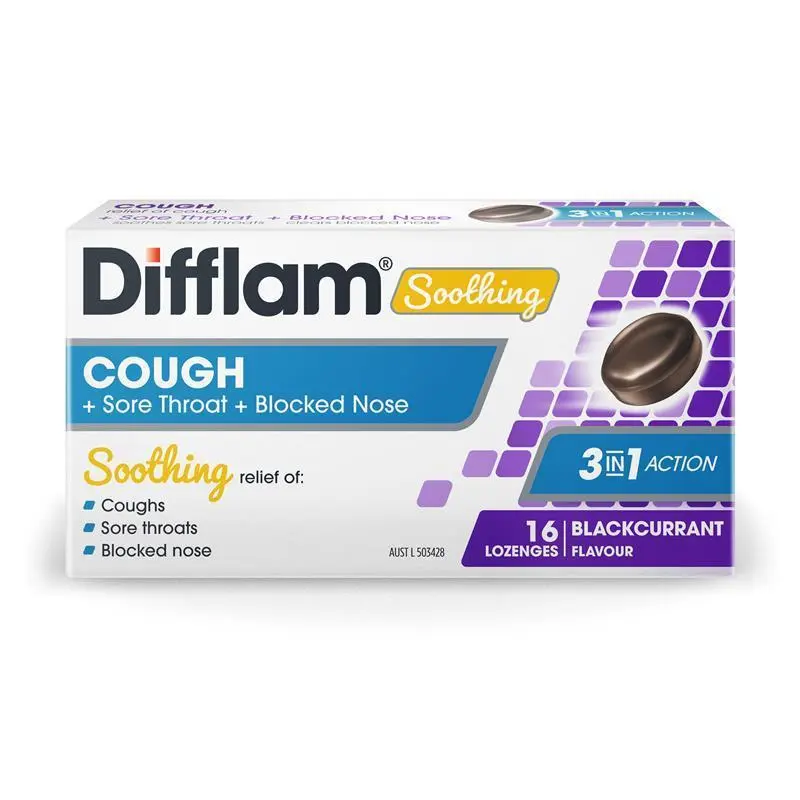 Difflam Soothing Cough + Sore Throat + Blocked Nose Blackcurrant Flavour 16 Lozenges