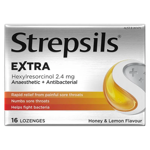 Strepsils Extra Honey Lemon Lozenges Fast Numbing Sore Throat Pain Relief with Anaesthetic 16 Pack