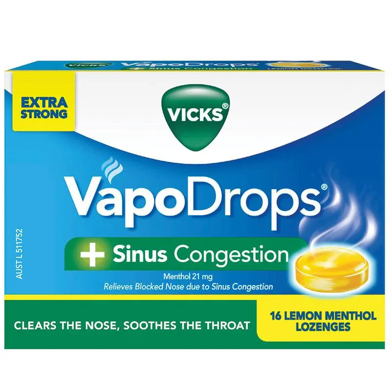 Vicks VapoDrops + Sinus Congestion Lemon Menthol 16 Lozenges