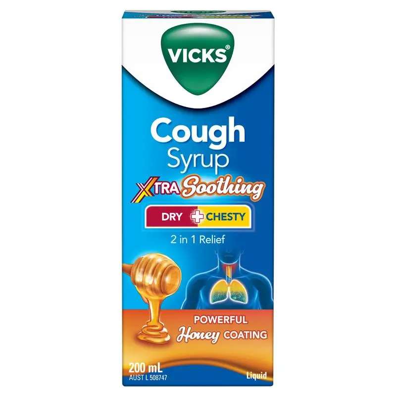 Vicks Cough Syrup Xtra Soothing 2 In 1 Dry + Chesty Honey Coating 200mL