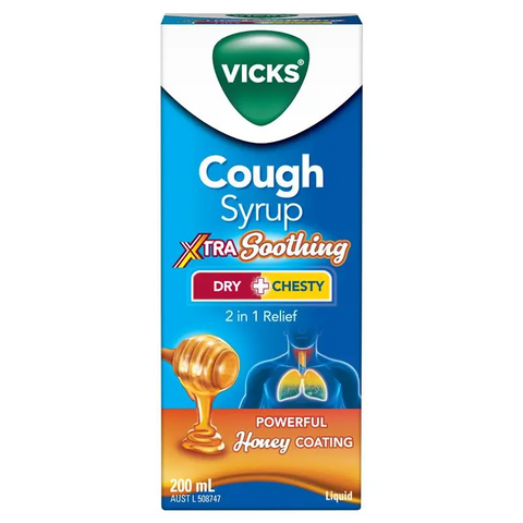 Vicks Cough Syrup Xtra Soothing 2 In 1 Dry + Chesty Honey Coating 200mL