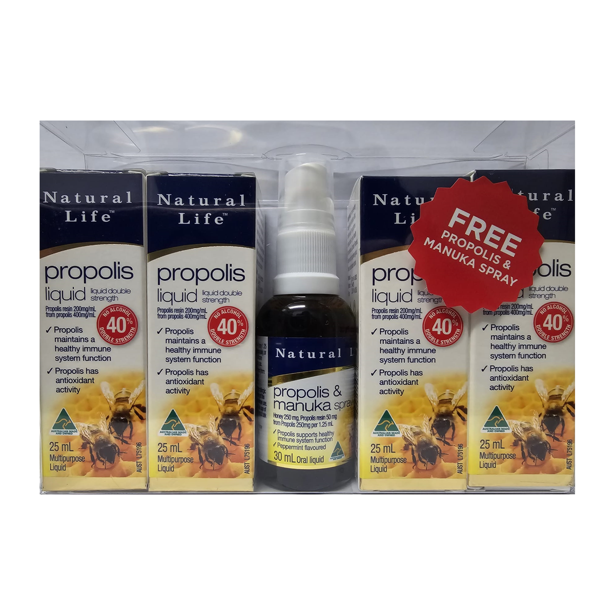 Natural Life Propolis & Manuka Honey Liquid Pack - 4 x 25mL + FREE Oral Liquid Spray 30mL