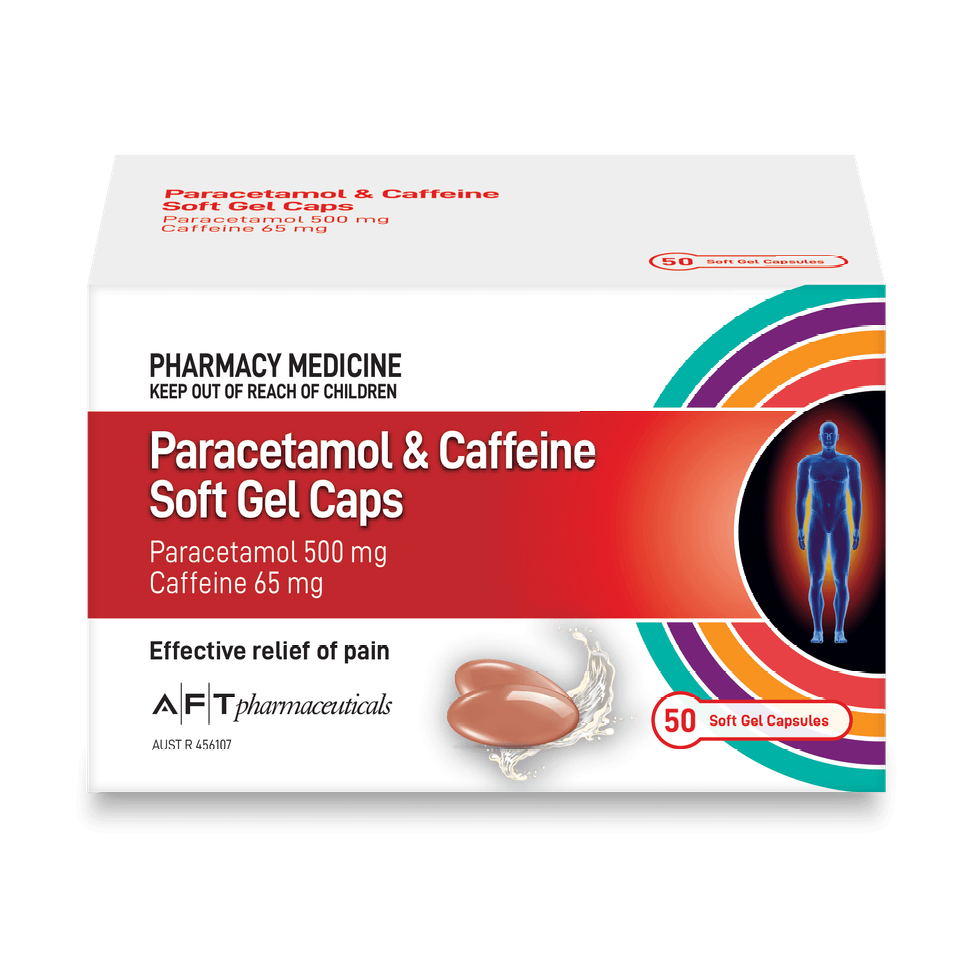 AFT Pharmaceuticals Paracetamol 500mg & Caffeine 50 Soft Gel Capsules (Limit ONE per Order)