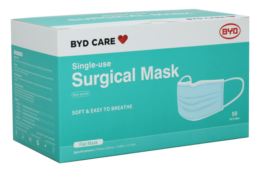 Face Mask - BYD Care Surgical Disposable  3-Ply Flat Face Masks 50 PCs Box