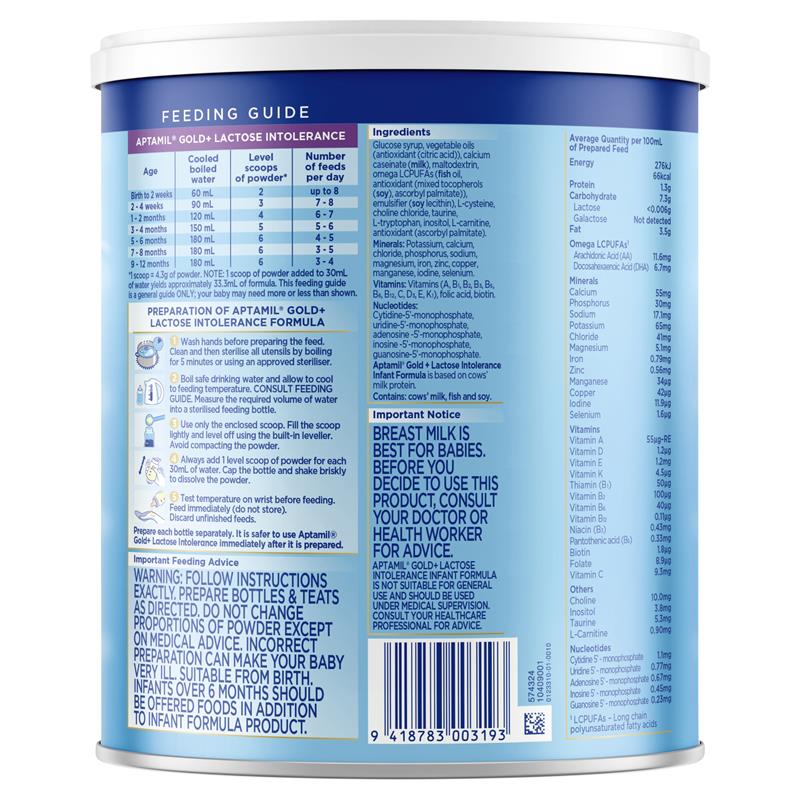 Aptamil Gold+ Lactose Intolerance Baby Infant Formula 0 - 12 Months 900g (Expiry 02/26)