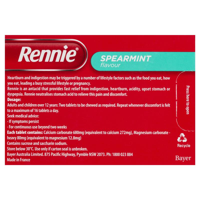 Rennie Indigestion and Heartburn Relief Spearmint 96 Chewable Tablets