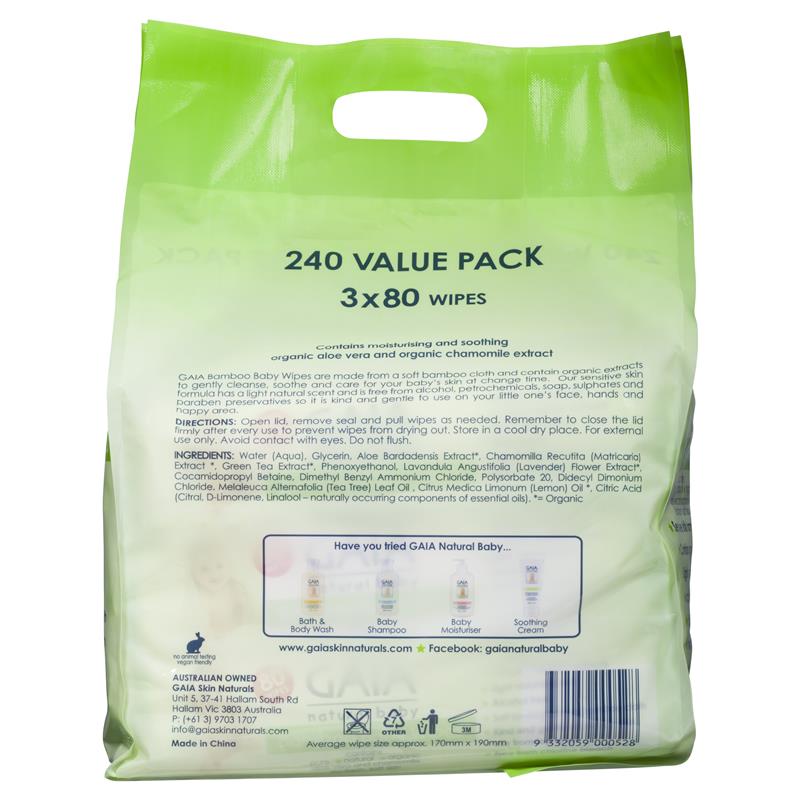 Gaia Natural Baby Bamboo Wipes 240 Wipes