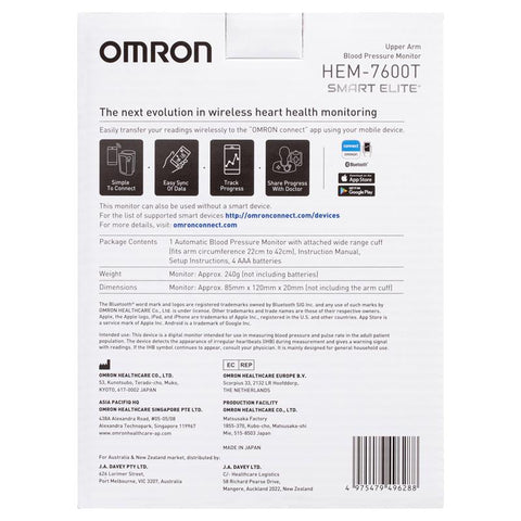 Omron Smart Elite HEM 7600T Blood Pressure Monitor Bluetooth Tubeless