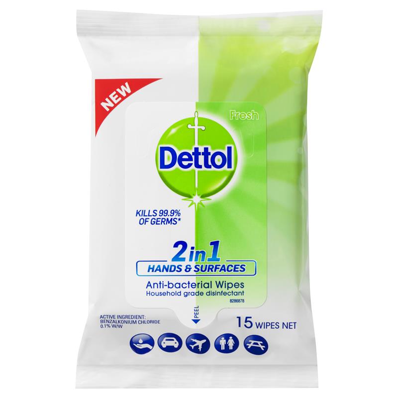 Dettol 2 in 1 Hands and Surface Antibacterial Wipes 15 Pack