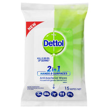 Load image into Gallery viewer, Dettol 2 in 1 Hands and Surface Antibacterial Wipes 15 Pack