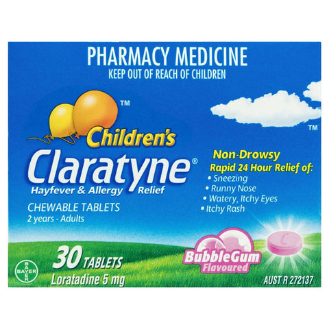 Claratyne Children's Hayfever & Allergy Relief Antihistamine Bubblegum Flavoured 30 Chewable Tablets (Limit ONE per Order)