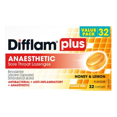 Difflam Plus Anaesthetic Sore Throat Lozenges Honey & Lemon Flavour 32 Pack