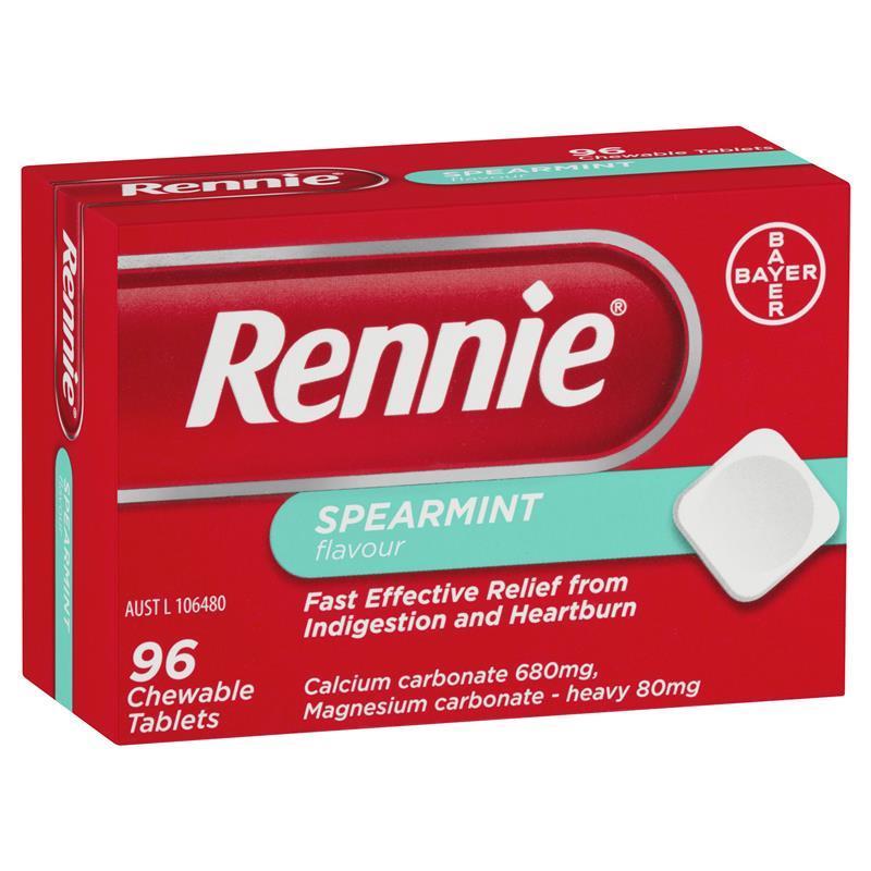 Rennie Indigestion and Heartburn Relief Spearmint 96 Chewable Tablets