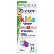 Load image into Gallery viewer, Zyrtec Kids Fast Acting Allergy &amp; Hayfever Relief Grape Flavour Oral Liquid 120mL (LIMIT of ONE per ORDER)