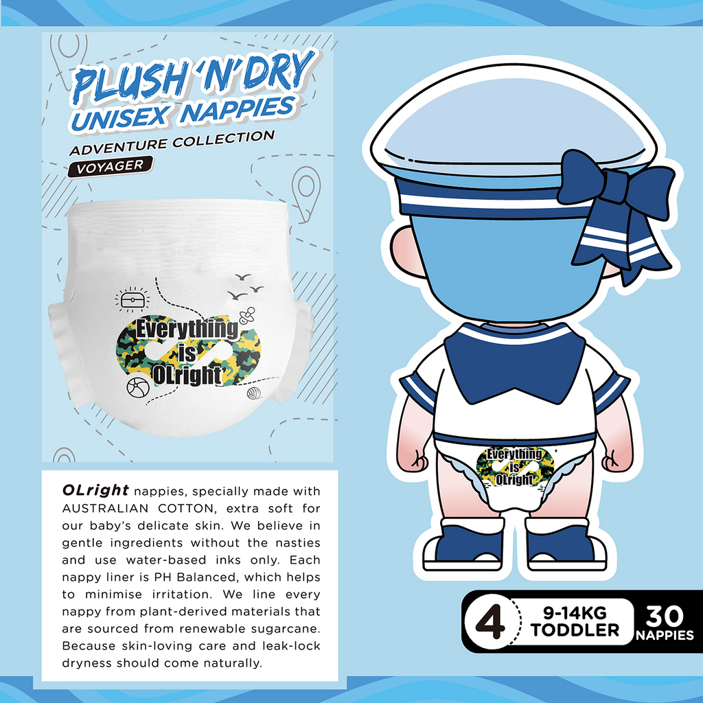 Olright Plush 'N' Dry Nappies Voyager 30 Pack - Size 4 (9-14Kg)