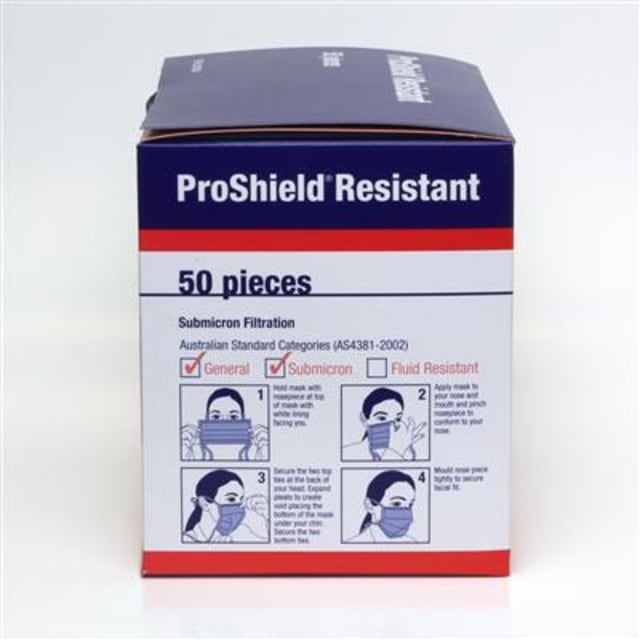Face Mask - Proshield Resistant Face Mask Level 2 High Filtration Box 50 PCs ( Tie back )