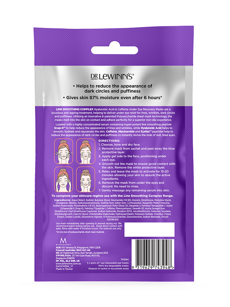 Dr LeWinn's Line Smoothing Complex Hyaluronic Acid & Caffeine Under Eye Recovery Masks 3pk