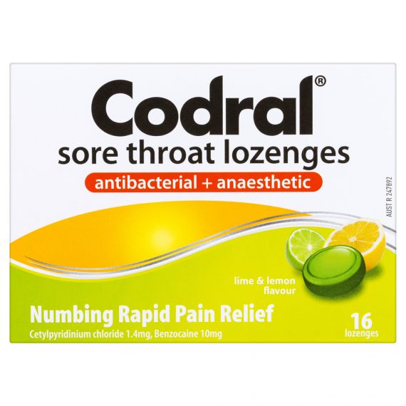 Codral Sore Throat Lozenges Antibacterial + Anaesthetic Lime & Lemon 16 Pack