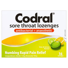 Load image into Gallery viewer, Codral Sore Throat Lozenges Antibacterial + Anaesthetic Lime &amp; Lemon 16 Pack