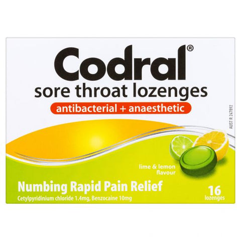 Codral Sore Throat Lozenges Antibacterial + Anaesthetic Lime & Lemon 16 Pack