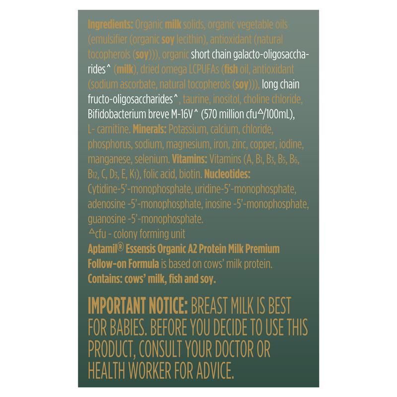 Aptamil Essensis Organic A2 Protein Stage 2 Follow On Formula 900g