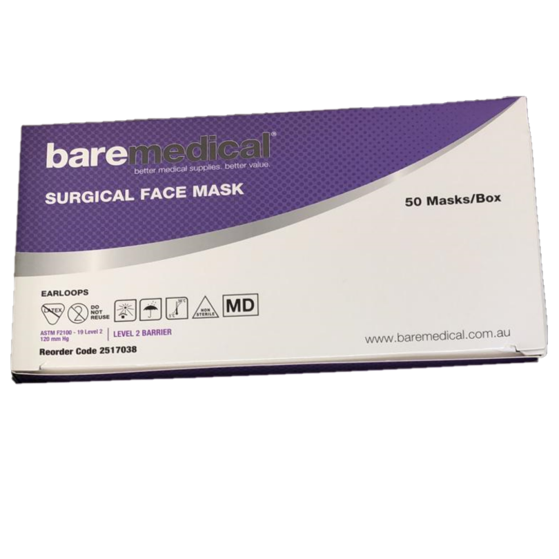 Face Mask - Baremedical Surgical Disposable Face Masks Level 2 Barrier Protection 50 PCs Box