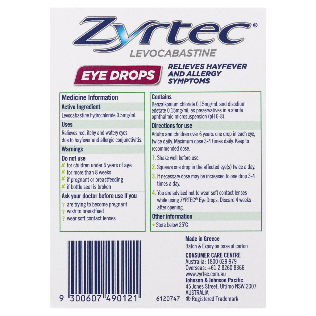 Zyrtec Hayfever Levoscabastine Eye Drops 4mL  (LIMIT of ONE per Order)