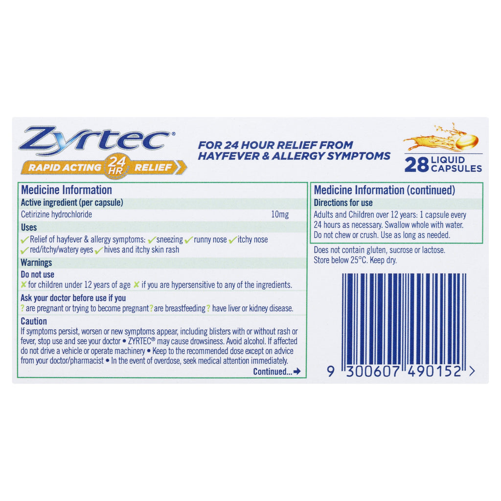 Zyrtec Rapid Acting Liquid - 28 Capsules (LIMIT of ONE per Order)