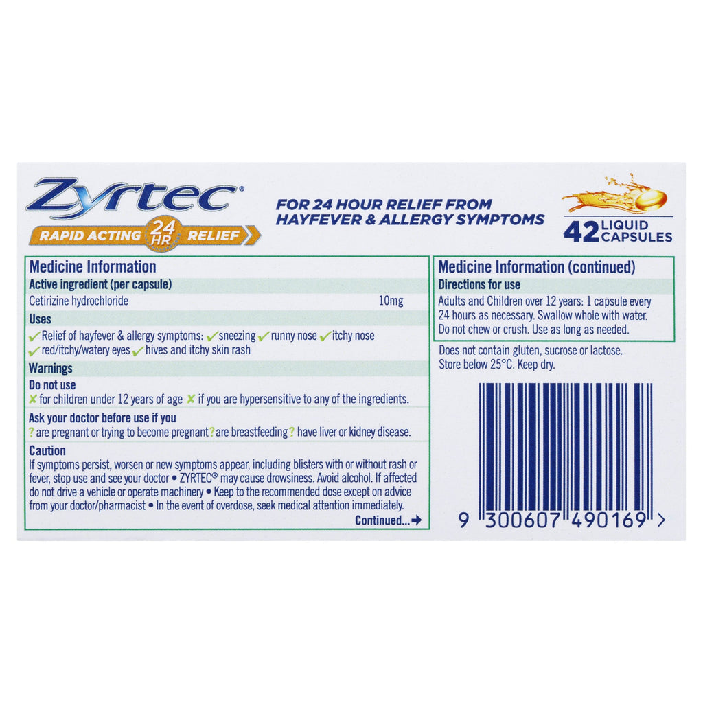 Zyrtec Rapid Acting Allergy & Hayfever Relief 42 Capsules (LIMIT of ONE per Order)