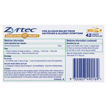 Load image into Gallery viewer, Zyrtec Rapid Acting Allergy &amp; Hayfever Relief 42 Capsules (LIMIT of ONE per Order)