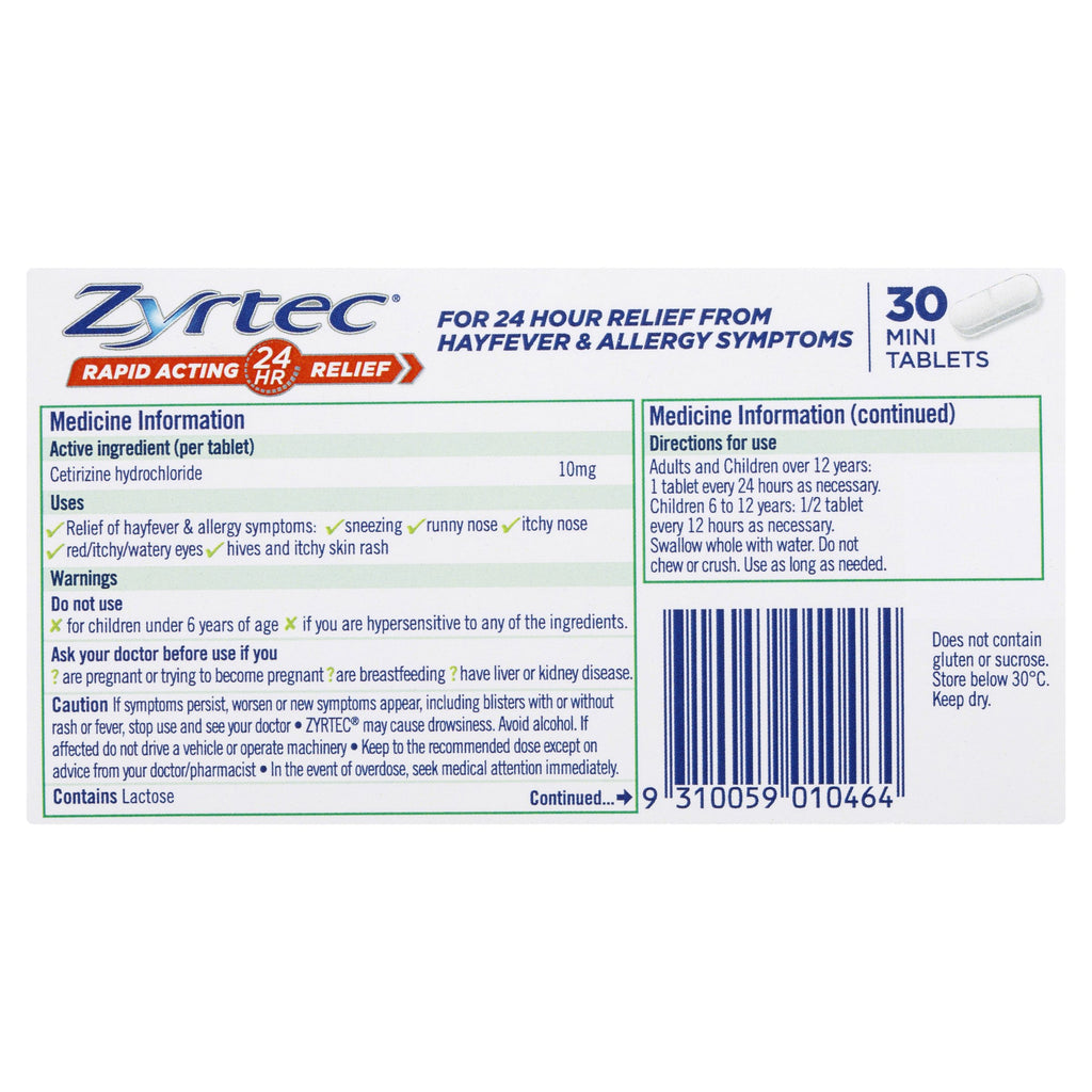 Zyrtec Allergy & Hayfever Antihistamine Tablets 30 Pack (LIMIT of ONE per ORDER)