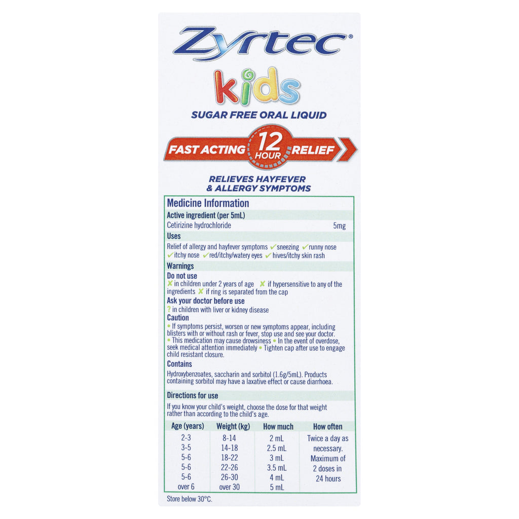 Zyrtec Hayfever Rapid Acting Kids Banana Flavour Oral Liquid 75mL ( LIMIT of ONE per Order)