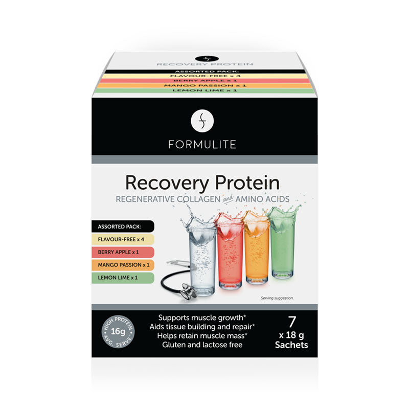 Formulite Recovery Collagen Protein Mixed Box - 7 x 18g Single Serve Recovery Collagen Protein sachets (4 x Flavour-free, 1 x Berry & Apple, 1 x Mango Passion & 1 x Lemon Lime)
