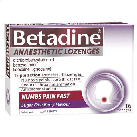 Betadine Anaesthetic Lozenges Berry Flavour 16 Pack - Sore Throat Lozenges