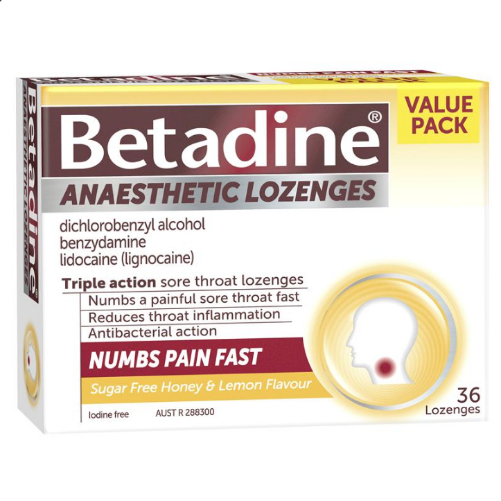 Betadine Anaesthetic Lozenges Honey & Lemon Flavour 36 Pack - Sore Throat Lozenges
