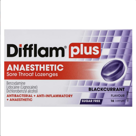 Difflam Plus Anaesthetic Sore Throat Lozenges Blackcurrant Flavour 16