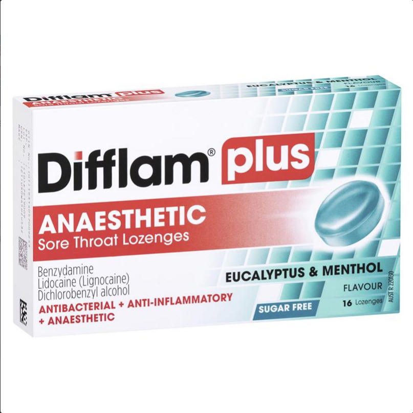 Difflam Plus Anaesthetic Sore Throat Lozenges Eucalyptus & Menthol Flavour 16