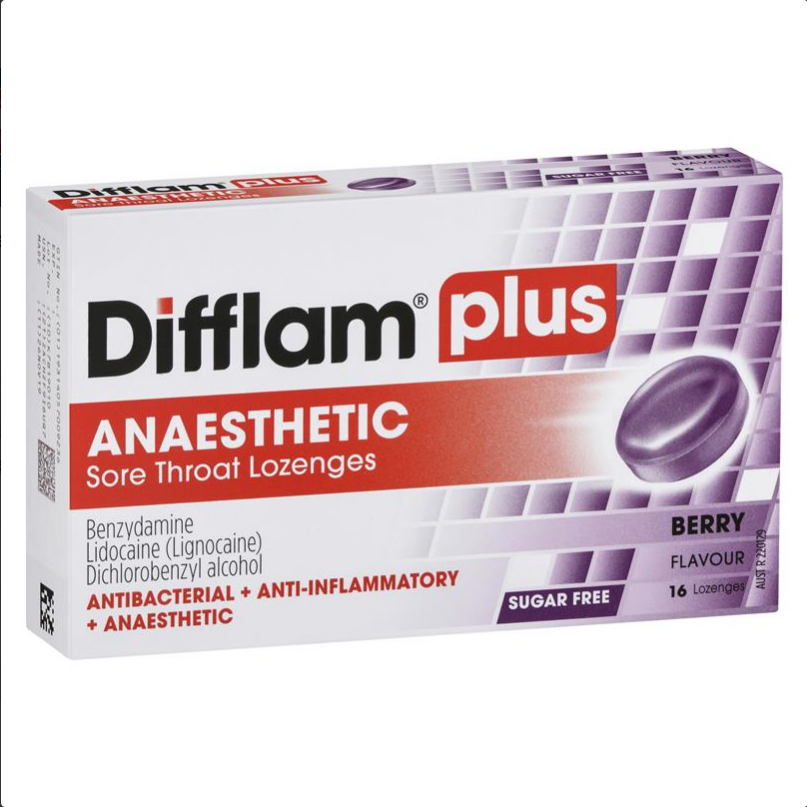 Difflam Plus Anaesthetic Sore Throat Lozenges Berry Flavour 16