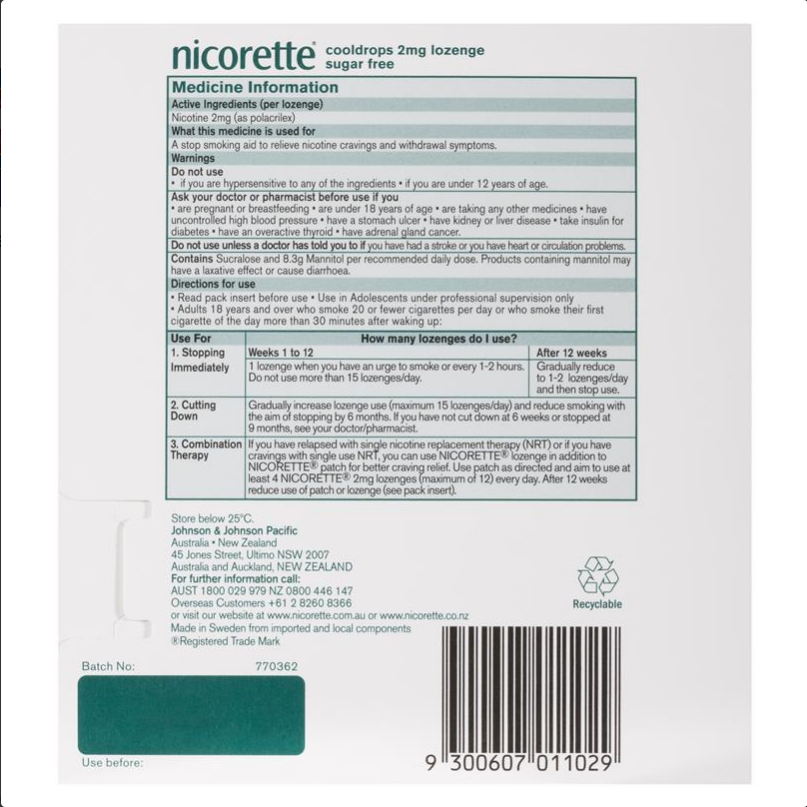 Nicorette Quit Smoking Cooldrops Lozenges Regular Strength Icy Mint 2mg 80 Pieces