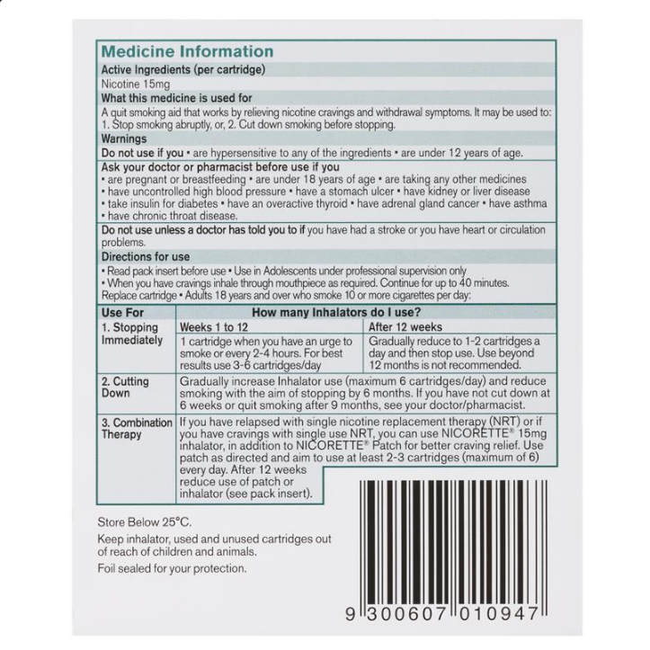 Nicorette Quit Smoking Inhalator 1 Mouthpiece 20 Cartridges 15mg