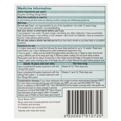 Nicorette Quit Smoking 16hr InvisiPatch Step 3 10mg 7 Semi-Transparent Patches