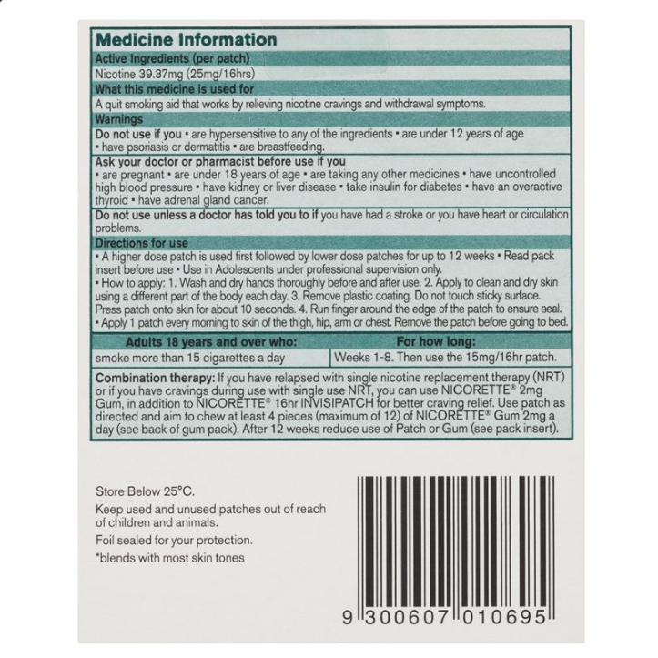 Nicorette Quit Smoking 16hr InvisiPatch Step 1 25mg 14 Semi-Transparent Patches